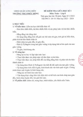 Đề thi Giữa kì 1 Toán 8 năm 2023-2024 trường THCS Phúc Đồng (Hà Nội)